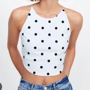 Zara Polka Dot Black & White Halter Crop Top Size L Stretch